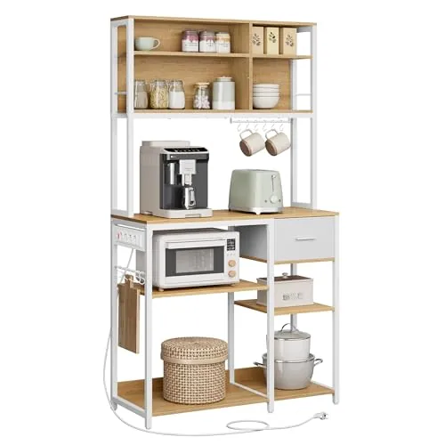 VASAGLE Estantería de Cocina con Multienchufe, Armario de Cocina, 40 x 100 x 180,4 cm, Estante de Microondas, Cajón de Tela, 12 Ganchos, Roble Dorado y Blanco Nube KKS027Y02
