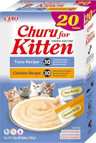 INABA Churu Kitten, Snack para Gatitos, Atún y Pollo, 20 Sticks x 14g