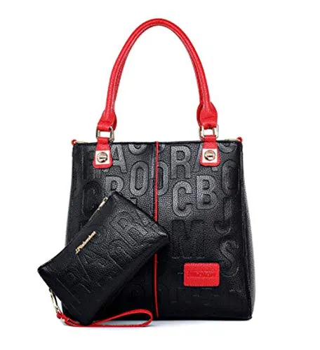 DEERWORD Mujer Bolsos Totes Casual Mano Marca Mediano Bandolera Antirrobo Hombro Italianos PU Cuero 5706 2 piezas Fekete