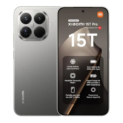XIAOMI 15T Pro - Smartphone de 12+512GB, Lente óptica Leica Summilux, MediaTek Dimensity 9400+, Pantalla Eye Care de 6,83" 144 Hz, HyperCharge de 90W, Cargador no Incluido, Gris (Versión ES)