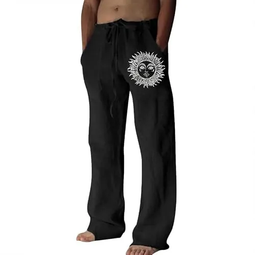 Litthing Pantalones de Lino para Hombre Verano Algodón con Bolsillos Cordó