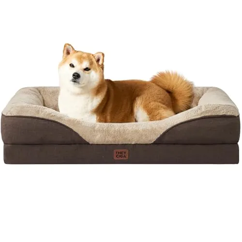 EHEYCIGA Cama Ortopedica y Viscoelastica para Perro Grande 91x68x17.5 cm, Memory Foam Sofa para Perros Lavable, Cama Gato Suave, Marrón