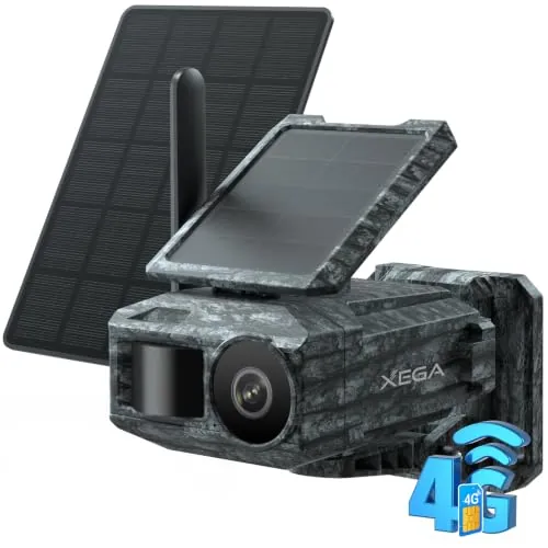 Xega Cámara Solar 4G con Tarjeta SIM 2 Paneles Solares, Fototrampeo Caza 2K | Exterior Inalámbrica,Detección de Movimiento, Visión Nocturna Sin Luz, Rotación 200°,Alertas En App (WiFi No Compatible)