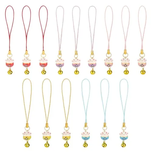 MAYJOYDIY 15 colgantes de gatos de la suerte, 5 colores, 97 mm, bonitos gatos auspiciosos, cadena para teléfono con campana, amuleto de la suerte, correa para teléfono, bolso, llavero, decoración