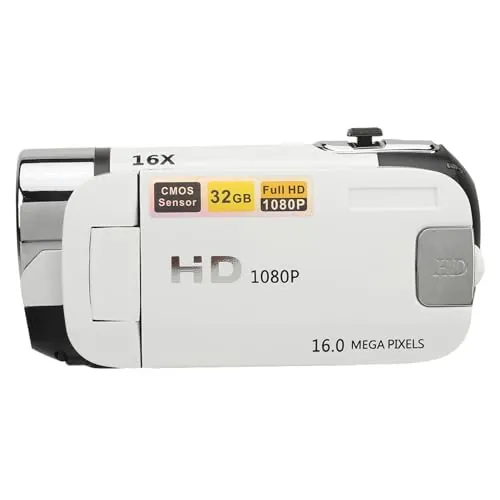 Cámara Digital HD 1080P 16MP Videocámara con Pantalla Giratoria de 2,4 Pulgadas Grabadora con Zoom 16X Luz de Relleno (White)