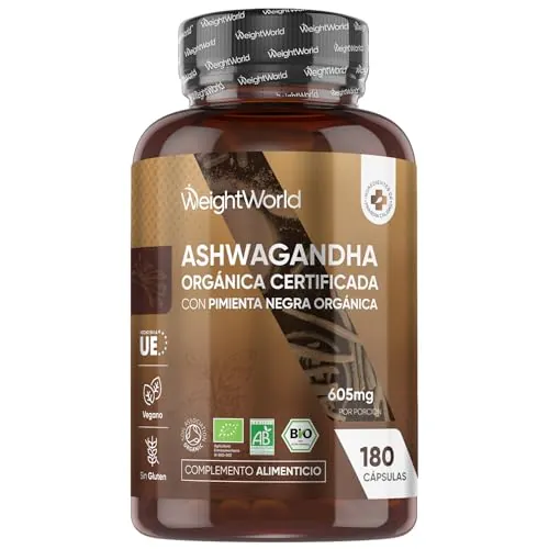 Ashwagandha Orgánica 605mg, 180 Cápsulas para 6 Meses, Con Pimienta Negra - Polvo de Raíz de Withania Somnifera, Con Certificación Orgánica, Suplemento Vegano, Sin Gluten ni OGM