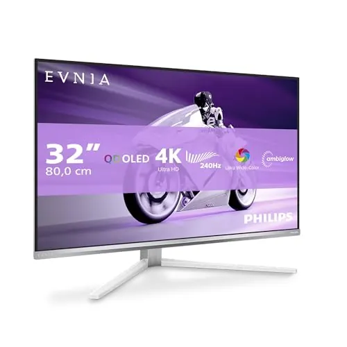 PHILIPS Evnia 32M2N8900AM Gaming Monitor 32" 240Hz Panel QD-OLED, 0.03ms GtG, HDR400 TB, Adaptive Sync, G-Sync Comp. Altavoces, Altura Ajustable (3840x2160 HDMI 2X 2.1 DP1x 1.4 USB Hub) Plateado
