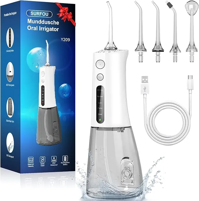 SURFOU Irrigador Dental Portatil Bucal Viaje, Limpiador Dientes Agua Presion Irrigadores Dentales Bucales, Water Flosser for Teeth Limpieza, Profesional Inalambrico Irrigador-dental Con Irradiador
