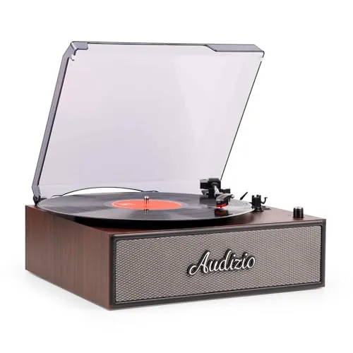 Audizio Reno – Tocadiscos de Vinilo Bluetooth con Altavoces Integrados, 3 velocidades, tracción por Correa, Salida RCA, Adaptador 45 RPM, Tocadiscos Madera, giradiscos Vinilo Color Madera