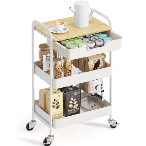 KINGRACK Carro Cocina 3 Niveles, Blanco | Ruedas, Asa, Cajones, Cocina