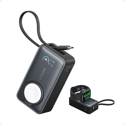 Anker MagGo Power Bank para Apple Watch, Batería Compacta de 10.000 mAh con Certificación Oficial y Cable USB-C Integrado, 35 W Máx., para iPhone 16/15 Series, Samsung, iPad, AirPods y Más