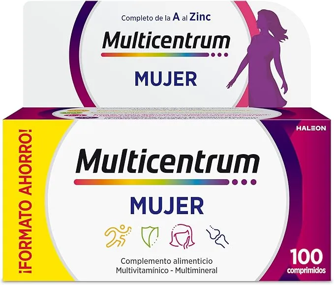 Multicentrum Mujer Complemento Alimenticio Multivitamínico y Multimineral Para Mujeres, Con Vitamina C y Zinc, Sin Gluten, 100 Comprimidos