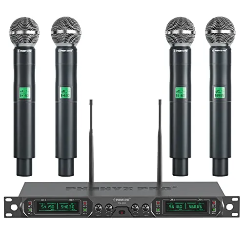 Phenyx Pro 4-Canales UHF Sistema de Micrófono Inalámbrico de Metal, de Frecuencia Fija con 4 Micrófonos Dinámicos de Mano, Alcance de 260ft, para Cantar, Iglesia(PTU-5000-4H)