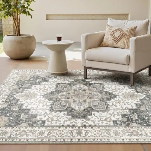 GENIMO Alfombra Salon Vintage Alfombras de Área Lavables en Máquina, Alfombras con Base Antideslizante, Alfombra de Dormitorio de Pelo Corto para Cocina, Comedor, Gris Marrón Oriental, 160X230CM