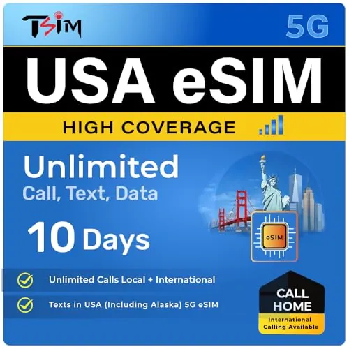 TSIM USA eSIM 10 días | Alta Cobertura | Datos ilimitados en la Red de AT&T | Llamadas y Mensajes de Texto Locales e internacionales ilimitados en EE. UU. (Incluido Alaska) | eSIM en 24 Horas
