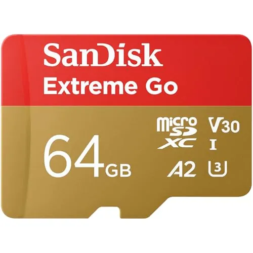SanDisk 64GB Extreme Go Tarjeta Micro SD + Adaptador SD (para Smartphones y tabletas Android, Action Cams, Drones, UHS-I, hasta 200 MB/s, 5k, 4K UHD, V30, Rescue Pro Deluxe, Class 10, U3) para Amazon