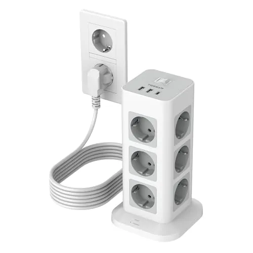 TESSAN Regleta Enchufes Proteccion Sobretension 12 Tomas con 1 USB C y 2 USB A, Torre Regletas Enchufes Vertical con Interruptor, 15 en 1 Torre Multiple, 3600W Toma de Alargador 5M, Gris
