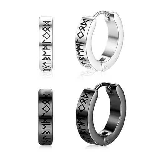 HABNI 1 Par De Aros Vikingos Nórdicos Para Hombre – Acero Inoxidable, Runas Futhark Antiguo (Negro Y Plateado)