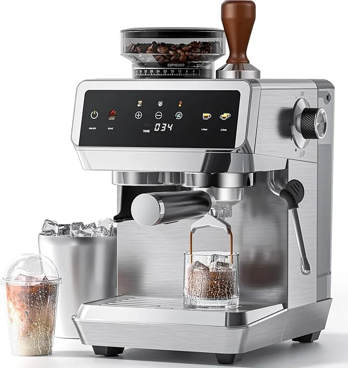 AMZCHEF Cafetera Espresso con Molinillo Integrado 20 Bares – Máquina de Café con 44 Ajustes de Molienda，Vaporizador de Leche, 4 Temperaturas, Función Café Frío, Acero Inoxidable, Depósito 1.8L