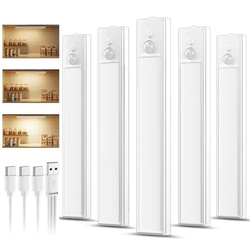daphomeu 5 Pack Luces led Cocina Recargables,Luz Armario Sensor Movimiento Atenuable tipo C carga,Luz Sensor Movimiento Interior, Lampara Led para estantería, armario de escaleras