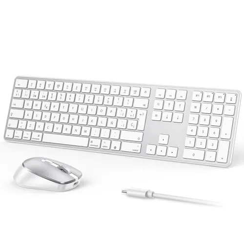 OMOTON inalámbrico Bluetooth Teclado y ratón para Mac (MacBook Air/MacBook Pro/iMac/iMac Pro),Teclado y ratón USB Recargables para Mac OS, con 3 Canales Bluetooth, Escritura silenciosa, Plateado