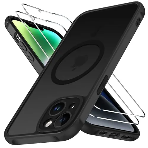 ivoler Funda Magnética para iPhone 14 con 2 Piezas Cristal Templado, Compatible con MagSafe, [Protección Militar] Protectora Antiarañazos Translúcida Mate Silicona Case, Negro
