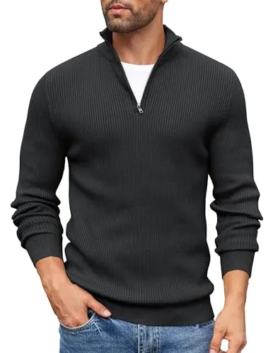 COOFANDY Jersey Hombre Invierno Suéter Cuello Alto Regular Fit Jersey de Canalé con Cremallera de un Cuarto Suéteres de Punto Negro M
