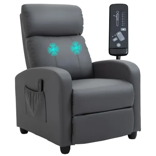 HOMCOM Sillón de Masaje Reclinable Mando a Distancia 68x88x98cm Gris | Sillón Relax Reclinable, Mando a Distancia, Tapizado en PU, Reposapiés, Bolsillo, Basculante