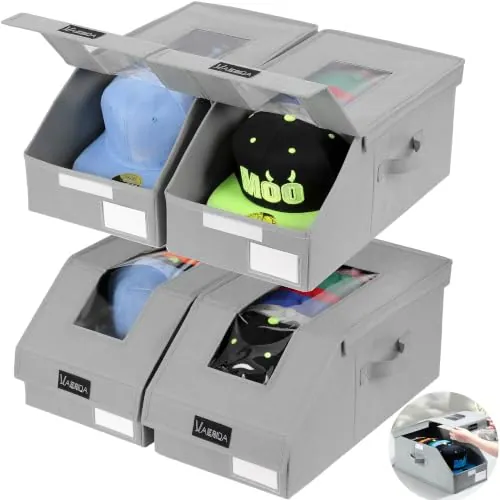 VAESIDA Organizador de Gorras Apilable, 4 Unidades - Porta Gorros para 56 Gorros, Caja de Almacenamiento para Gorras de Béisbol, Organizador para Armario y Estantería, Soporte para Sombreros
