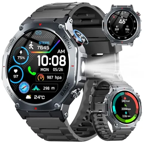 Reloj Inteligente Hombre Militar con GPS y Linterna LED, 5ATM Smartwatch con Brújula llamadas Bluetooth Pulsómetro Oxímetro Sueño, 1.43"AMOLED Reloj Deportivo con 160+Modos Deportivos para IOS Android