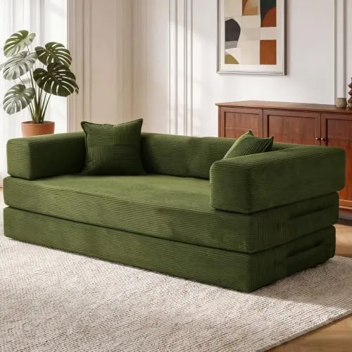 200cm Sofá Cama 3 Plazas con Espuma y Muelles para Salón,Verde | Desmontable,Plegable 5 en 1,Pana