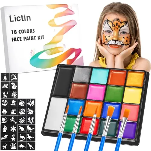 Lictin Pinturas Cara y Corporales-18Colores+5Cepillos+5plantillas
