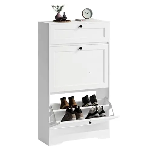 Xbro Mueble Zapatero, Zapatero Entrada Recibidor de Madera con 2 Puertas Abatibles y Cajones,12 Pares de Zapatos, 60×25×102cm Blanco