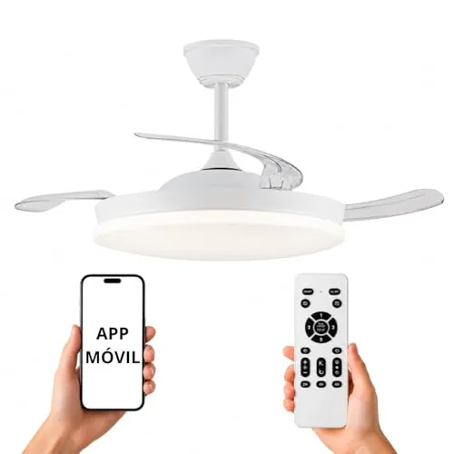 NARVI Ventilador de techo con 3 Palas retráctiles transparentes, Motor DC 30W, Luz LED 60W Regulable en intensidad y color, con Memoria y Mando a distancia Blanco.