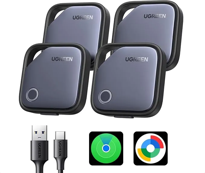 UGREEN FineTrack Duo Soporte iOS Find My o Android Find Hub Smart Finder Carga USB C Localizador Bluetooth SmartTag Tracker Rastreador para Llaves Equipaje Cartera Bicicleta Mochila Bolso(4 Piezas)