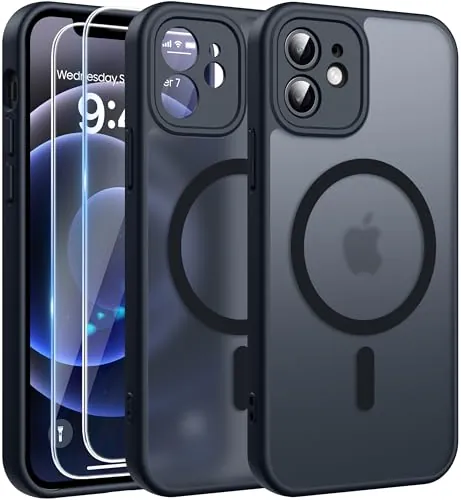 FLLAO Funda para iPhone 12, Compatible MagSafe, con 2 Piezas Protector de Pantalla Cristal Templado, [Protección de Cámara] Magnética Carcasa Translúcida Mate Trasera Fina Antigolpes, Negro