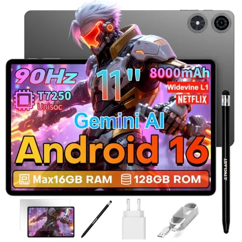TECLAST P50T Tablet 11 Pulgadas Android 16 Tableta 90Hz, T7250 2GHz Octa-Core Gemini AI, 16GB RAM+128GB ROM+5TB TF, 8000mAh, 5G WiFi, Widevine L1, 13MP+5MP/GPS/3.5MM/BT5.2/OTG, Tablets con Lápiz, 2026