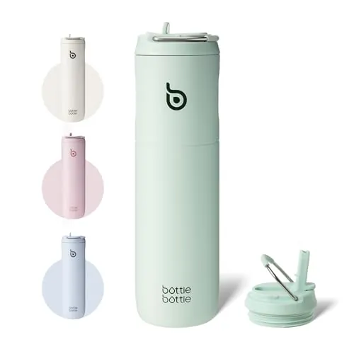 BOTTLE BOTTLE Botella de agua aislada de 24 onzas con tapa de popote y asa, para deportes, viajes, gimnasio, botellas de agua de acero inoxidable, termo de metal al vacío de doble pared, a prueba de