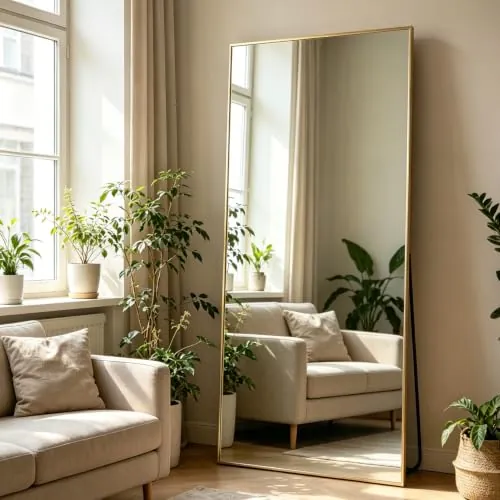 NEUWEABY Espejo de Cuerpo Entero 180x80cm Espejo de pie con Soporte Espejo de pie Grande para Colgar o apoyar Espejo de Pared para el Dormitorio Marco de Metal, Oro