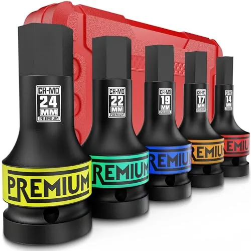 KIRXST Juego de Vasos Hexagonales de lmpacto 3/4", 14 mm - 24 mm, 5 Piezas Juego Llaves de Vasos Allen de Impacto para Reparación de Automóviles, Métricas