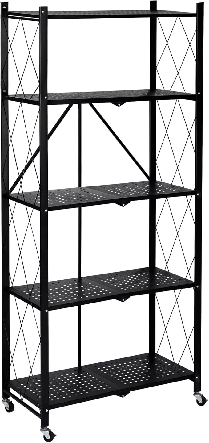 Estantería Plegable de Metal con Ruedas | Mueble Organizador con 5 estantes Resistentes y Estructura Reforzada | Diseño portátil, fácil de Montar y versátil para Cocina, Oficina, Garaje o Dormitorio