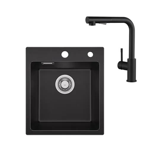 Sofetiy Fregadero Negro Granito 40×45 cm, Con Grifo Cocina Extraible Negro