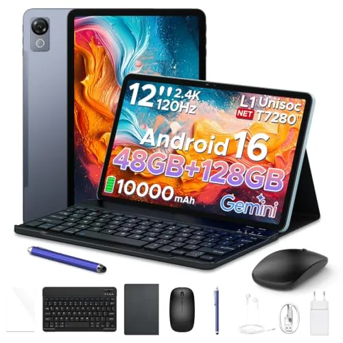 P12 Tablet Android 16, Tablet 12 pulgadas, 48GB RAM+128GB ROM/2 TB TF, IPS 2,4K, Pantalla 120 Hz, 10000mAh/18W, T7280 Octa-core, 8MP+13MP, WiFi 5G, Gemini AI, Face ID, GPS, Tableta con Teclado, Gris