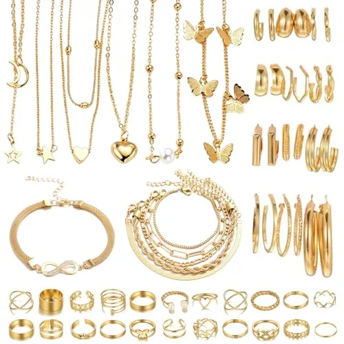 JSTHHTT 46PCS Joyas de Mujer, Joyería, Bisuteria Mujer, Conjunto de Joyas de Oro Para Mujer, Gargantilla Dorada Mujer, Pulseras, Anillos de Nudillo, Pendiente, Joyería y Colgante para Mujeres, Oro