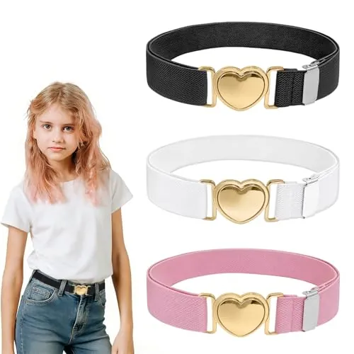 TAIVIN Cinturón Ajustable para Niña-Hebilla Corazón Dorada-Fácil de Ponerse-Para Uniforme Escolar & Diario (Negro, blanco, rosa)