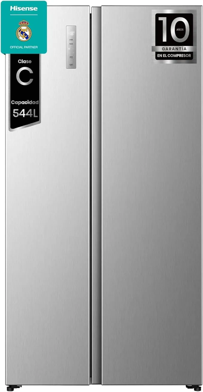 Hisense RS3P558NEIC - Frigorífico Americano Total No Frost, 544L, 179cm, Congelamiento Rápido, Alarma Puerta Abierta, Balconera XXL, Gran Cajón, Display en Puerta, Inverter, LED, Inox