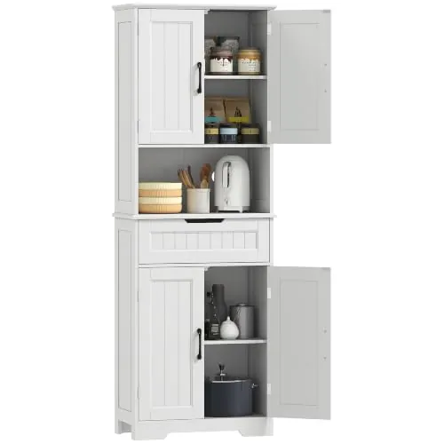 HOMCOM Alacena de Cocina Alta con 4 Puertas 5 Estantes y Cajón Blanco | Mueble Auxiliar de Cocina, Estantes Ajustables, Orificio para Cables, para Salón o Comedor, 60x30x172 cm