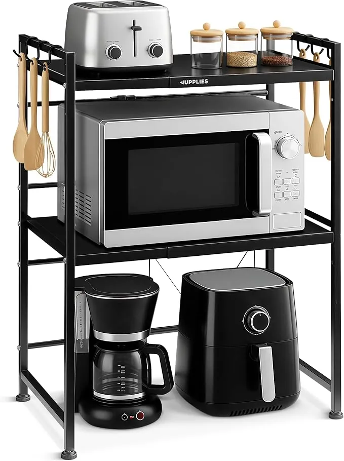JUPPLIES Soporte Microondas 77,5×39×36,2 cm – Estantería Microondas Extensible 39–60 cm – Mueble Microondas Cocina de Acero Antióxido con 8 Ganchos – Estante Reforzado de Alta Capacidad para Encimera