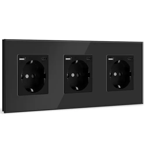 BSEED Triple Enchufe de Pared USB(Max. 2.1A) con Tipo C Port,Negro Schuko Enchufe,Toma de Corriente con 2 x Cargadores USB y Tipo C Adecuado para Smartphone MP3 Tablet,para Cocina,Dormitorio