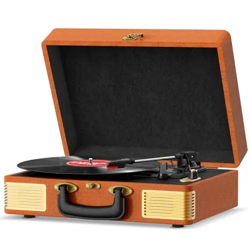 Tocadiscos de Vinilo, FYDEE Tocadiscos Bluetooth Vintage de Cuero con 3 Velocidades (33/45/78 RPM), 2 Altavoces Integrados, Reproductor de Vinilo con Entrada para Auriculares, RCA, Marrón Rojizo
